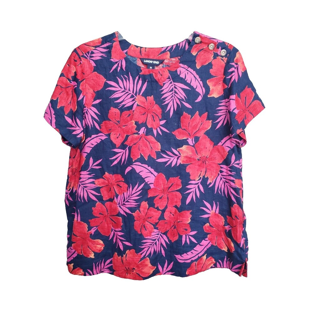 Lands' End Women's Linen Tropical Print Button-Accent Short Sleeve Blouse Size M